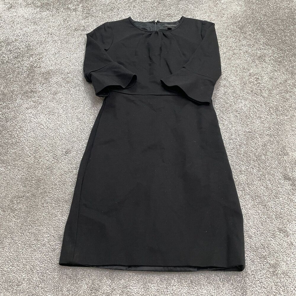 J.Crew Bell Sleeve Midi Sheath Dress Womens 00 Ponte Black Pleated Neck Classic